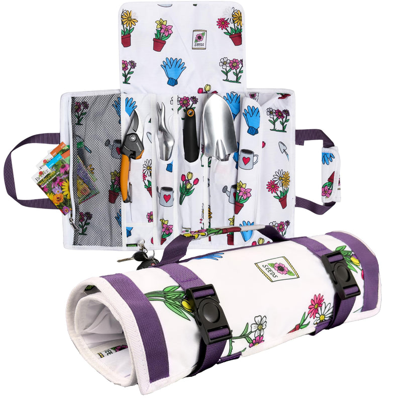 Garden Tool Bag, Roll-Up Garden Tool Holder with Deep Pockets | 900D Polyester Heavy Duty Gardening Tote | Compact Washable Organizer for Tools, Seeds, and Essentials (Tools Not Included) Flower Print