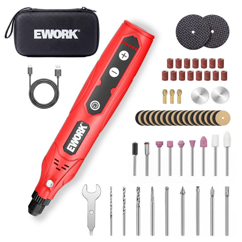 EWORK Cordless Rotary Tool Kit with 71 Accessories, 4V Mini Power Rotary Tool with 5 Variable Speeds & USB-C Charging for Sanding, Engraving, Polishing, Drilling, Carving, DIY Crafts Red (71 Pcs)