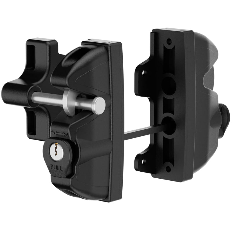 Key Lockable Double Sided Gate Latch for Wooden Fence, Gravity 2 Way Gate Latch Vinyl Fence Gate Lock, Two-Sided Keyed Lock Outdoor Gate Latch for Metal Gates, Vinyl Fence, Wood, Black