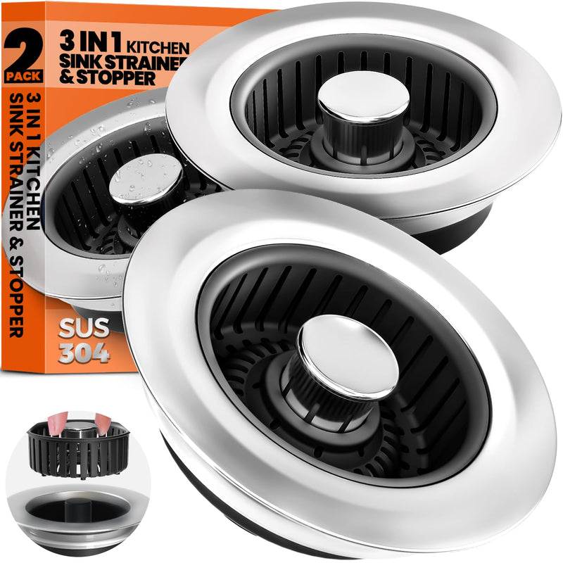 Sink Drain Strainer - Sink Stopper, 3-in-1 Kitchen Stainless Steel Drain Plug with Anti-Clog Basket, Pop-Up Cover Fits Standard 3-1/2” Openings for Double Bowl Kitchen Sinks,Black