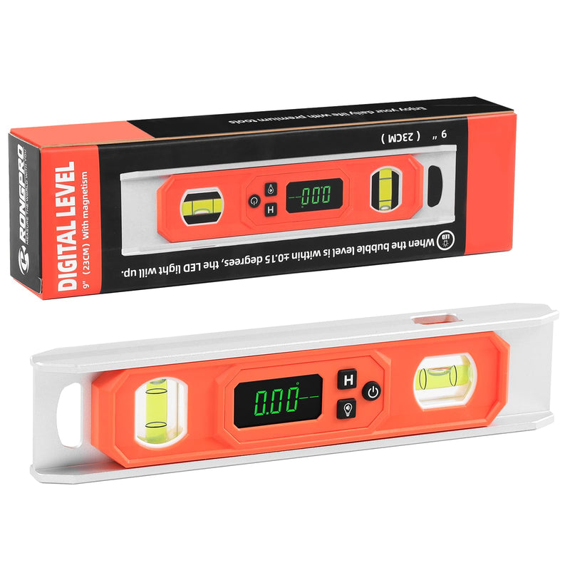 9 Inch Digital Level with LCD Display - Aluminum Angle Finder 90°/180°Bubbles with Auto Ligth Up Function, Torpedo Level with Magnetic V-Groove for Woodwork, Saw & Home Drainage Leveling.
