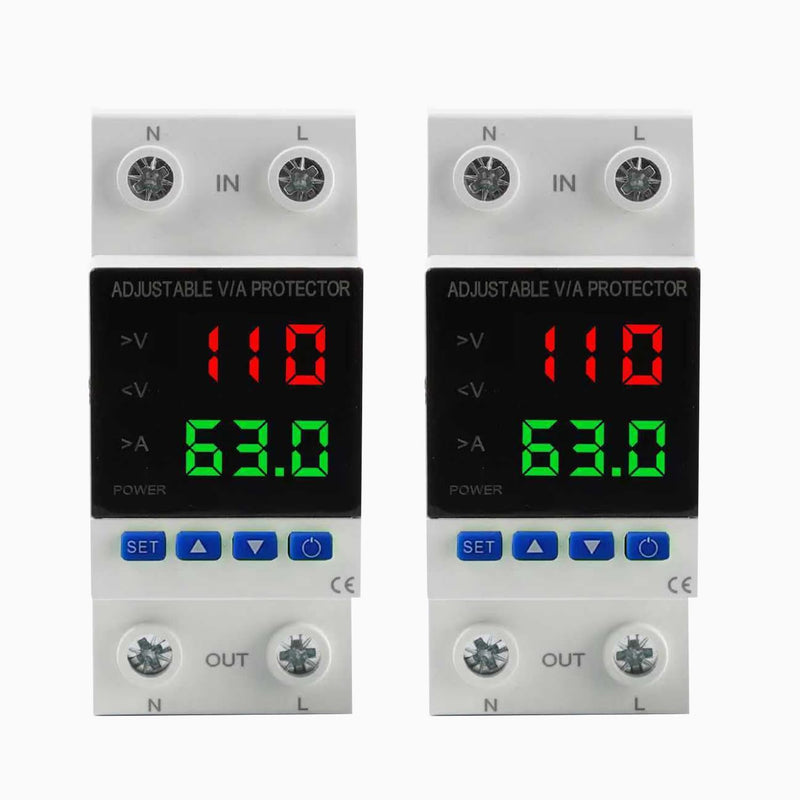 Voltage Protector, AC 110V 220V/DC 80-300V, 1-63A Adjustable Smart Circuit Breaker, Over Voltage & Under Voltage Cut Off, DIN Rail Mount, 2 Pack 63A-2 PCS