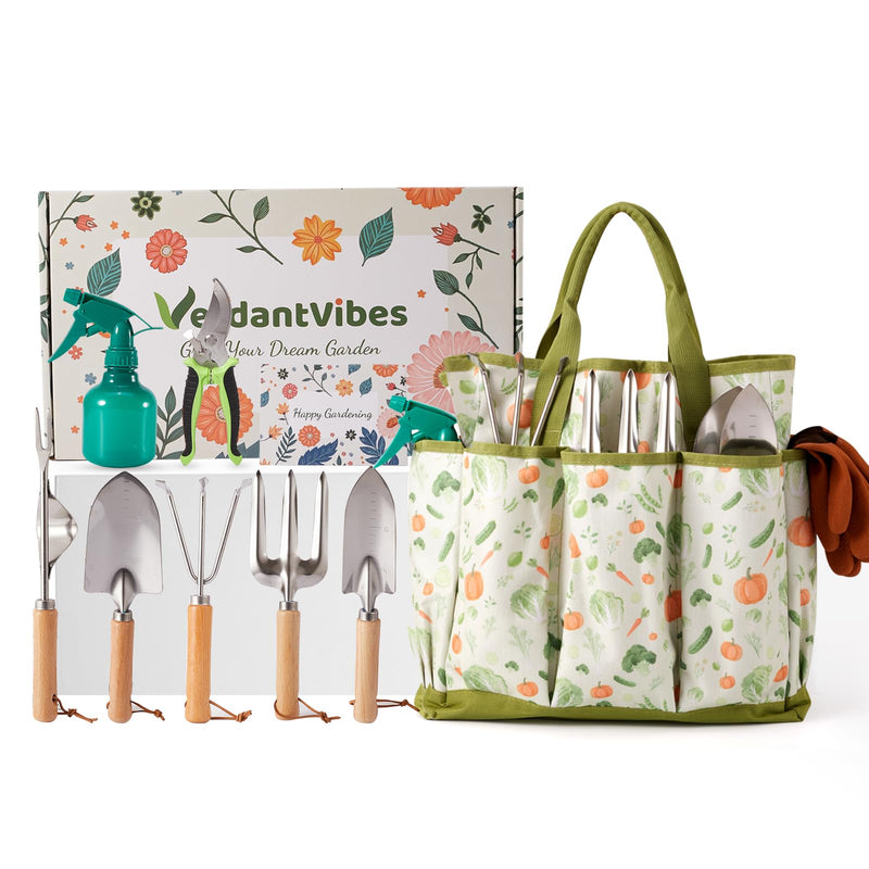 VerdantVibes 10-Piece Garden Tool Set - Heavy Duty Stainless Steel Gardening Kit with Wood Handle, Pruners & Vegetable Print Tote Bag - Unique Gardening Gifts for Women Mom Grandma Green