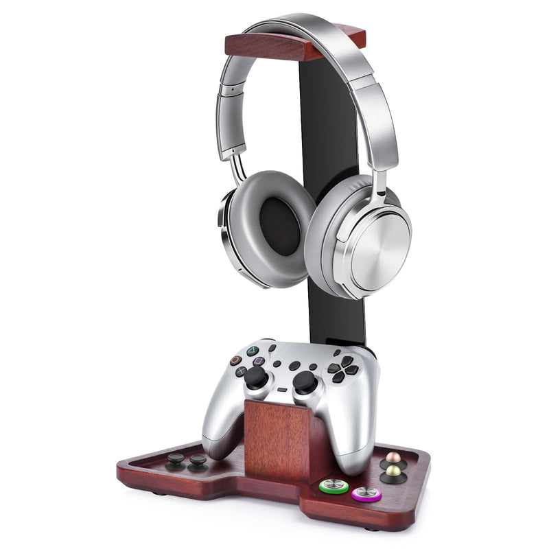 Headphone Holder Stand for Desk, Wood and Metal Headset Hanger Mount Hook Gaming Holder Desktop Earphone Artful Functional Craftsmanship Stand for All Headsets with Solid Wooden Base 2 in 1