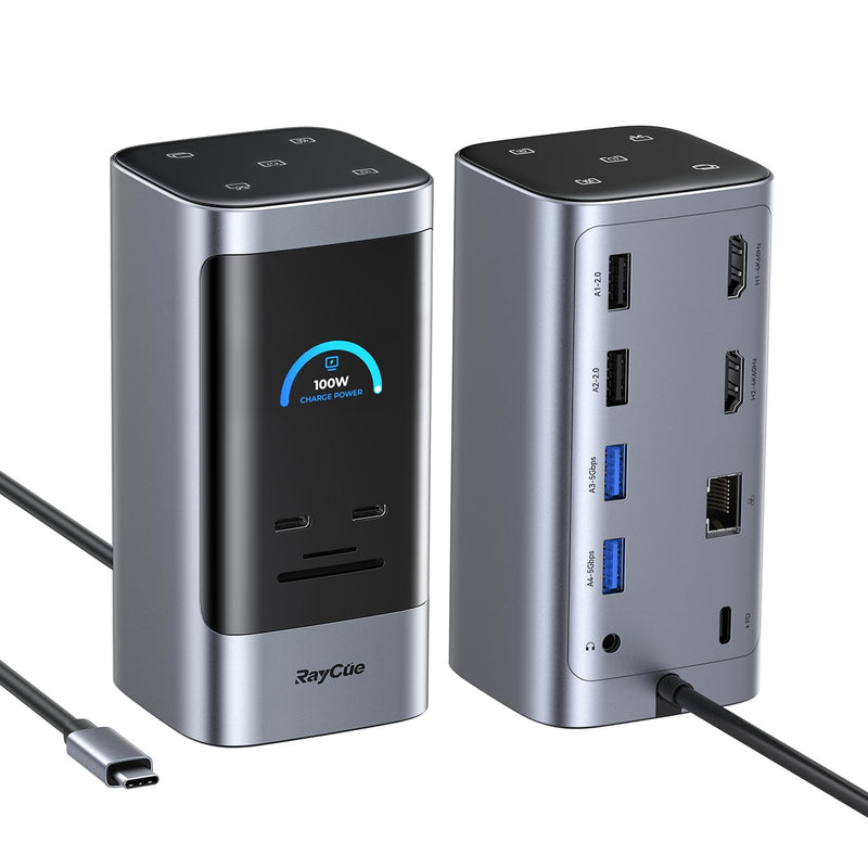 RayCue 14 in 1 Docking Station Dual Monitor, 2 * 4K HDMI, 6 USB Ports, 5 Shortcut Button, 1Gbps Ethernet, PD3.0(No Power Adapter), Laptop Docking Station for Dell/HP/Lenovo/Asus/Acer/Mac