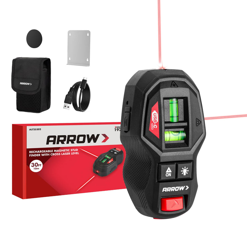 ARROW 2-in-1 Laser Level with Magnetic Stud Finder, Rechargeable Wall Scanner for Wood & Metal, Cross Line Laser with Bubble Vials for Accurate Markings, Ideal for Hanging Frames & Pictures