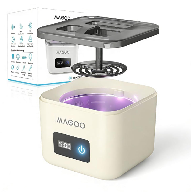 Ultrasonic Retainer Cleaner Machine, Denture Cleaner for Aligners Night Guards Braces Mouth Guards Toothbrush Heads，All-in-One Dental & Jewelry Cleaner, 45kHz 200ML, Dual Modes Ivory