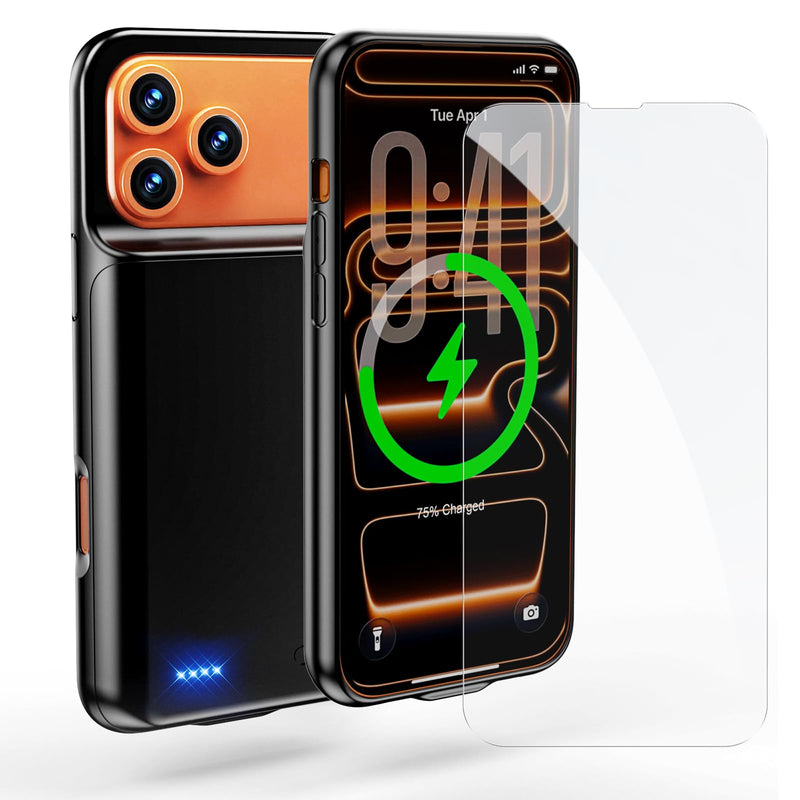 13800mAh High Capacity Battery Case for iPhone 17 Pro Max (6.9 inch) | 2026 Upgraded Battery Pack Rechargeable Charger External Charging Case with Tempered Glass Screen Protector Black