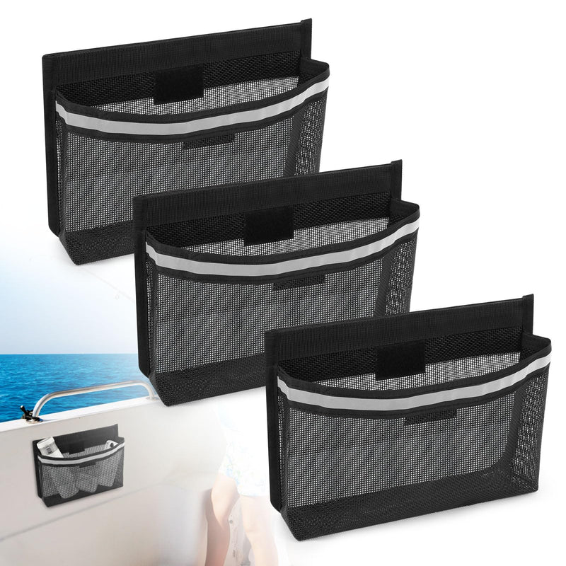 Linkstyle 3PCS Boat Storage Mesh Bag, Self Adhesive Marine Caddy Organizer with Reflective PVC Mesh Bag for Boat Cabin Deck RV Storage Accessories Waterproof black-L
