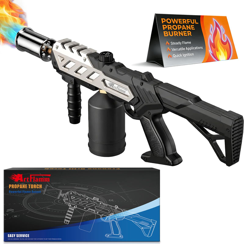 Powerful Propane Torch with Detachable Design, Kitchen Blow Torch Gun with Adjustable Flame, Torch Burner Flamethrower for BBQ, Charcoal Lighter, Campfire, Weeding (Tank Not Included) Detachable-silver