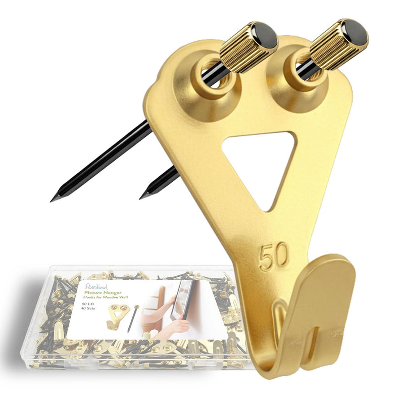 Picture Hangers Heavy Duty, Extra Thick, 50 lb, Decorative Hanging Hooks Hardware for Drywall and Plaster Walls with Large Nailers and Nails, Painting, 40pcs, Gold 50lb | 40