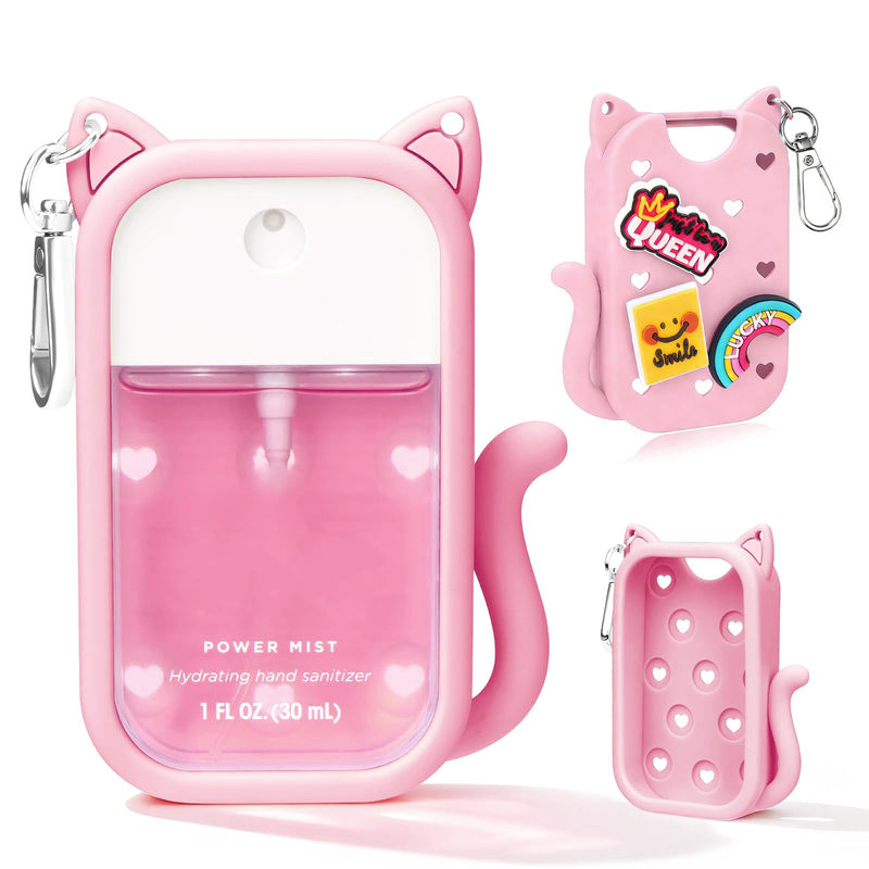 Cat Case for Touchland Hand Sanitizer Power & Glow Mist 1oz, Silicone Protective Sleeve with DIY Charms & Keychain, Portable Travel Holder for 30ml Spray Bottle（Pink）
