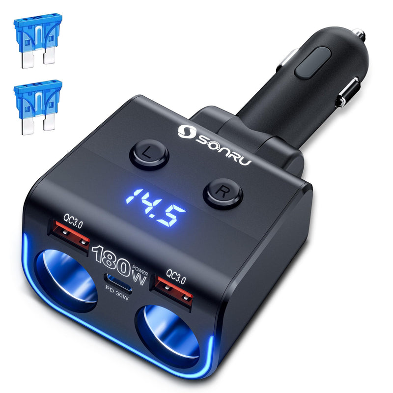 180W Cigarette Lighter Splitter,30W PD Dual QC3.0 Car Charger Adapter | 24V/12V Car USB Adapter 2-Socket with Voltmeter Fast Charging for iPhone 17/16/15 Car Devices black