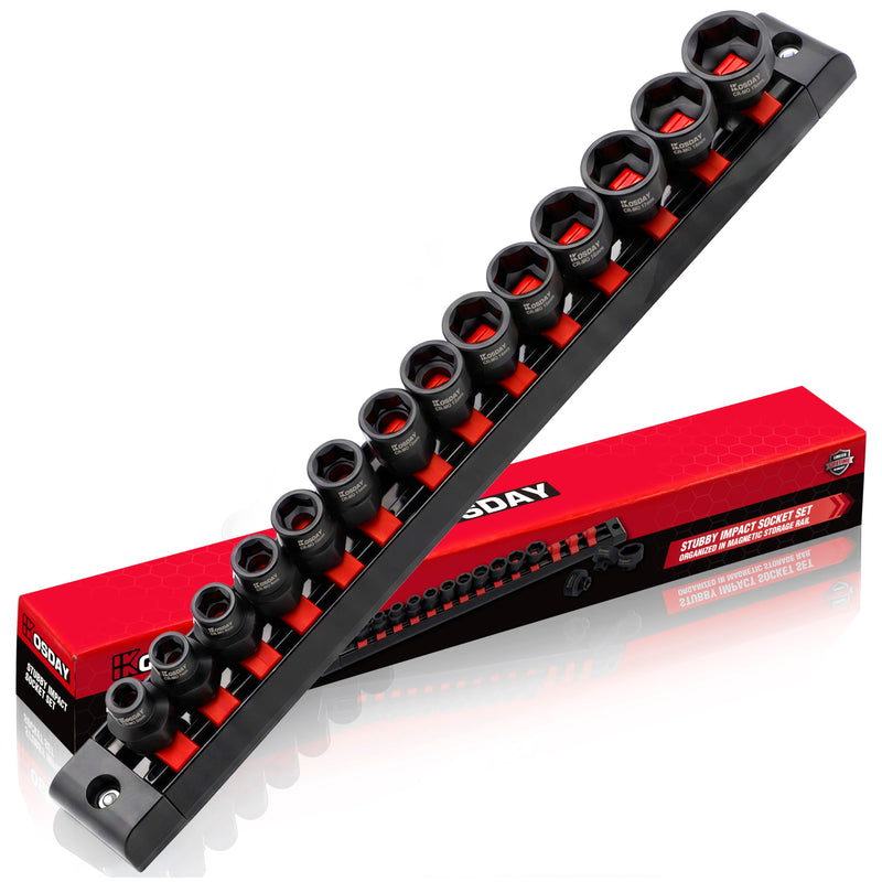 3/8" Drive Low Profile Socket Set, 14-Piece Metric Stubby Impact Socket Set, 6-19mm Nano Sockets Organized in Magnetic Storage Rail 3/8" Metric-14 Pieces