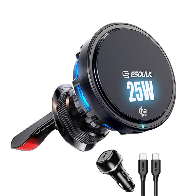 25W Cooling Magnetic Wireless Charger Air Vent Phone Mount for Car | 25W Fast Wireless Charging with Built-In Cooling Fan, Secure Air Vent Mount, Flexible Viewing Angles, 45W Adapter Included