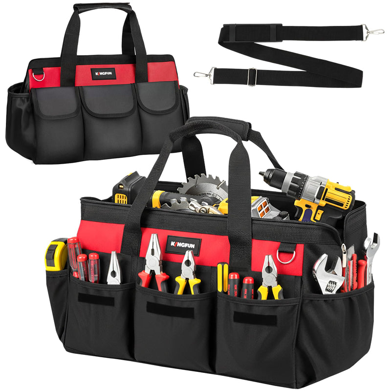 Kingfun 16 Inch Heavy Duty Tool Bag with 14 Pockets, Wide Mouth Tool Bag Organizer with Adjustable Shoulder Strap & Padded Handle, Durable Tool Storage Bag for Electricians, Mechanics & More (Red) Red