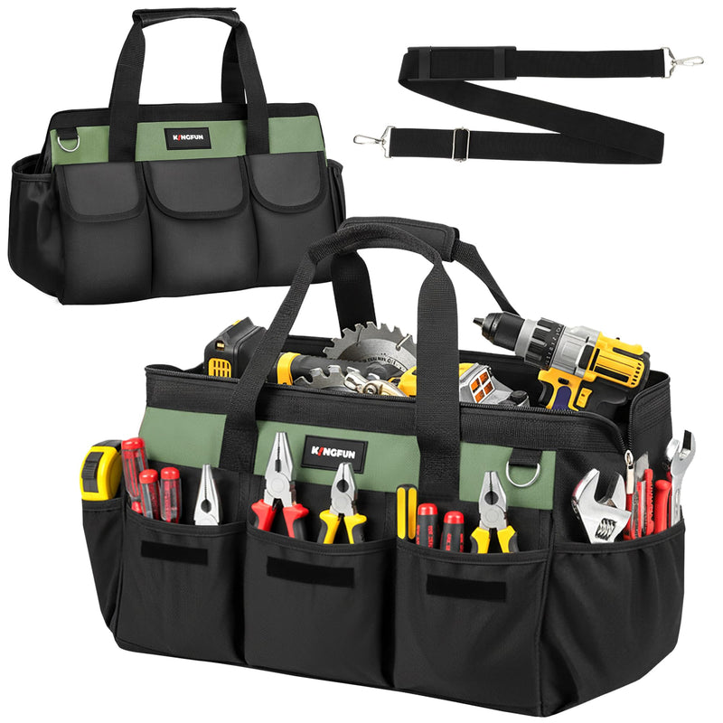Kingfun 16 Inch Heavy Duty Wide Mouth Tool Bag with 14 Pockets | Adjustable Shoulder Strap & Padded Handle, Durable Tool Storage Bag for Electricians, Mechanics & more (Green) Green