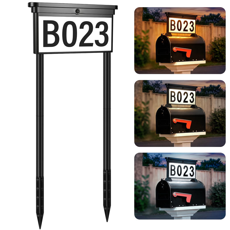 Solar Address Sign for Yard, Double-Sided Lighted House Numbers with 3 Color Modes, 3-in-1 Mounting (Stake、Wall or Mailbox), Waterproof LED Address Plaque, 4 Sets Numbers & Letters, 1 Pack