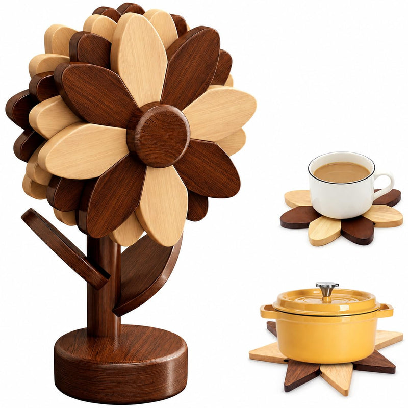 Sunflower Trivets for Hot Dishes, 5Pc Wooden Tree Trivet Stand Set | Flippable wooden sunflower petals expand 5.5 to 6.69 in - trivet & coaster in one, doubles as countertop decor Walnut & Beech Wood