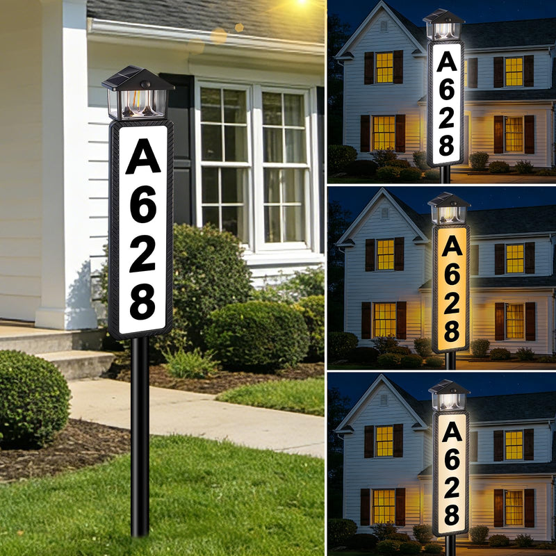 Solar Address Sign, Lighted House Numbers for Outside with Dual Solar Panels, 3 Color LED Illuminated Address Plaque Outdoor with Stake, Waterproof Solar Powered Address Numbers for House Yard Street Black