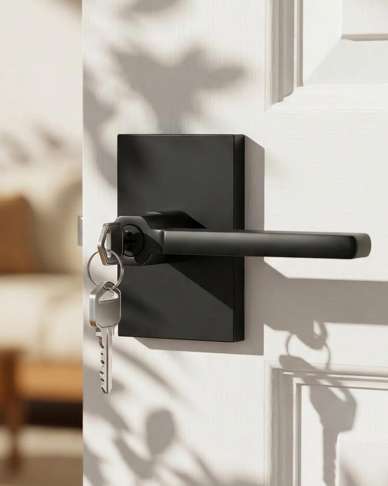 Goldenwarm Matte Black Entry Door Handle with Keyed Lock, Zinc Alloy Black Door Lever for Office & Storage & Entry Door, Adjustable & Reversible, Interior or Exterior Use - 1 Pack