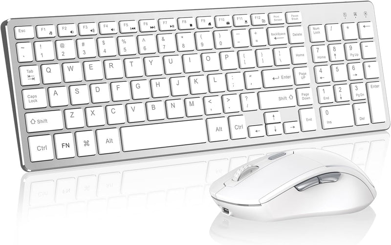 Quiet Ergonomic 2.4G Rechargeable Keyboard Mouse Set | Slim silver white combo with number pad, USB 2.4G receiver, rechargeable, fits Windows laptop & desktop computer