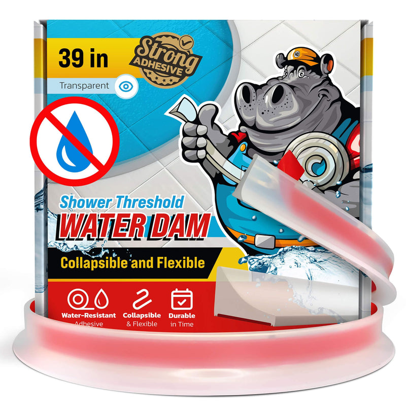 Shower Threshold Water Dam Barrier 39" - Transparent Collapsible Walk in Shower Water Guard - Door Bottom Seal Strip Leak Guard by Hippo Dam
