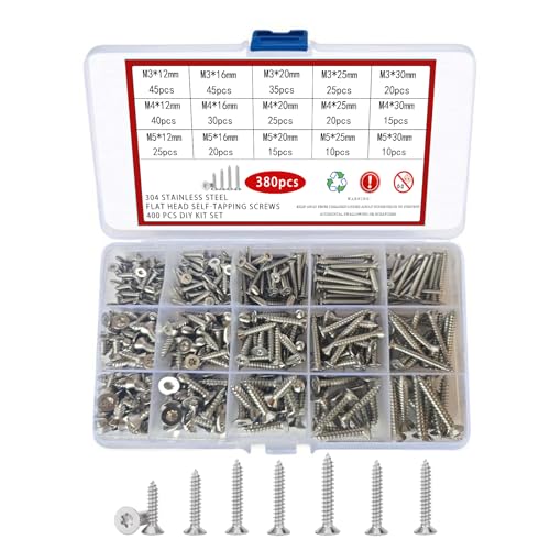 XIQILUOSI 304 Stainless Steel Flat Head Self-Drilling Tapping ScrewsM3-M5Various Sizes, 380PCS Countersunk Star/Flower Groove Self-Tapping Screw Set