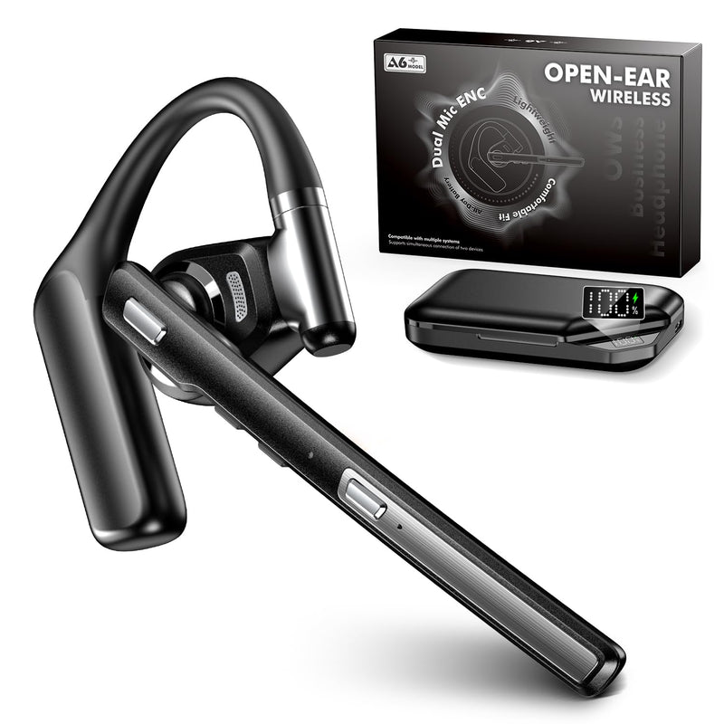 Bluetooth 6.0 Open-Ear Headset with Noise-Canceling Microphone | 96-Hour Talk Time, 950mAh Charging Case and Mute Button for Truckers, Work, iOS, Android and Laptops Black