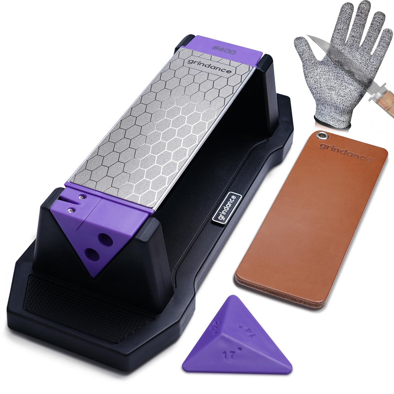 3-Sided Diamond Sharpening Stone 400/1000/8000 Grit Whetstone with Angle Guide, Non-Slip Base, Leather Strop & Glove Premium Knife Sharpener for Kitchen, Hunting & Outdoor
