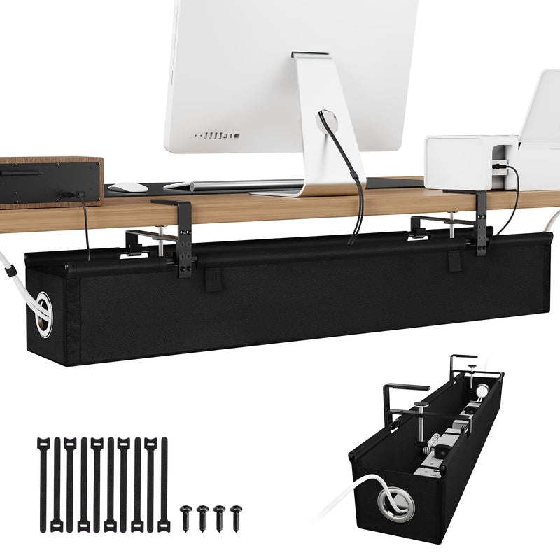 KEEGH Under Desk Cable Management Tray 36", No Drill Cord Organizer, Black | Heavy Duty, Large Capacity, 3-Level Clamp Fit 0"-2.5" Desks, Clamp/Screw Mount, for Home, Office, Gaming, Room, Studio