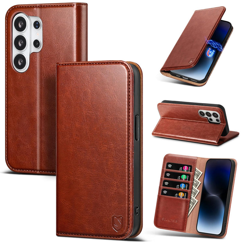Compatible with Samsung Galaxy S25 Ultra Case Wallet with Card Holder [4 Card Slots] Kickstand [RFID Blocking] PU Leather Phone Case Flip Folio Protective Cover TPU Shockproof,Brown Brown