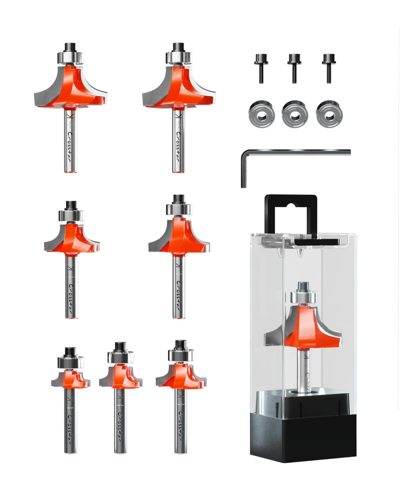 Crosstar 7Pcs Top Bearing Roundover Router Bit ,1/4 Shank,Carbide Inserts , 2 Flutes Corner Rounding Router Bit, Over Edge Forming Router bit , with Bearing Guide CNC Woodworking Tool