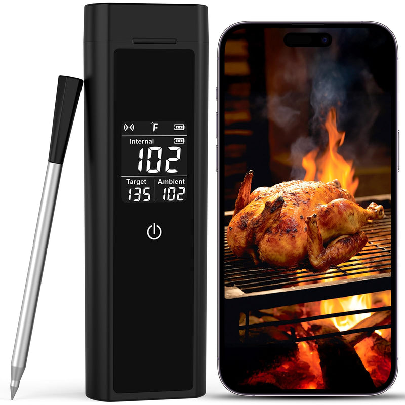 Wireless Meat Thermometer Bluetooth Digital, Smart Meat Thermometer Digital with IP67 Waterproof Probe ±1.8°F Accuracy, Rechargeable Thermometer for Grill, Smoker & BBQ Black