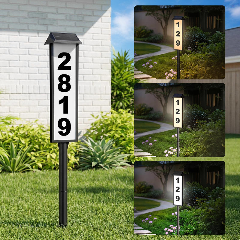 Brightever Solar Address Sign, House Number for Outside Waterproof, 3-Color LED Illuminated Address Plaque with Stake, Solar Powered Light Up Address Numbers for Houses Yard, 1-Pack 1 Pack