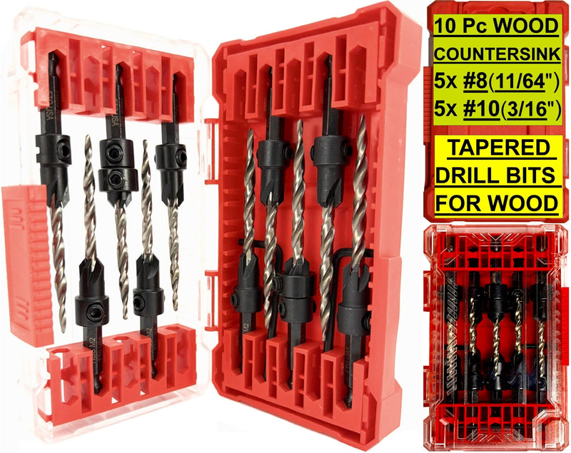 FTG USA 10 Pc #8 & #10 Countersink Drill Bit Set with Tapered Drill Bits | Includes 10 counter sink drill bit for wood, 5 pc #8 & 5 pc #10 sizes, 2 depth stop collar 3/8", 2 Allen key, storage case Same Sort 5 Pc
