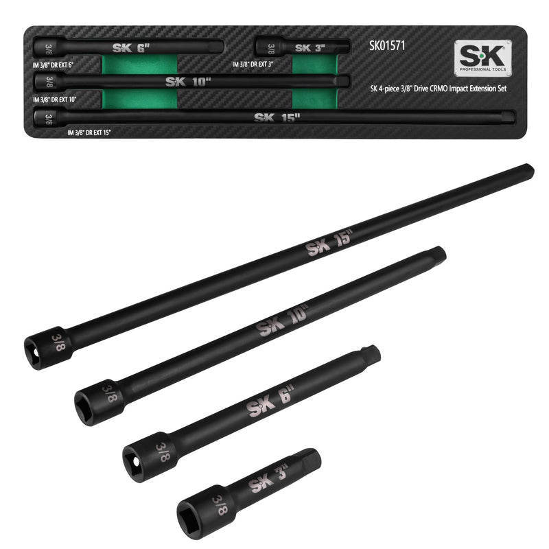 SK 4-Piece Impact Socket Extension Set, 3/8" Drive, 3", 6", 10", 15" Extension Set, Premium Cr-Mo Steel with Black Manganese Phosphate Coating 3/8-Inch Drive