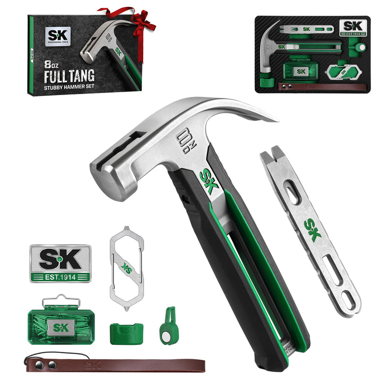 SK Gifts for Men, 8-Piece Hammer Tool Set, 8oz Stubby Claw Hammer, Full Tang Hollow Metal Frame, with EVA Foam Tool Organizer, Birthday Gift for Dad, Husband, Grandpa, Ladies and Beginners