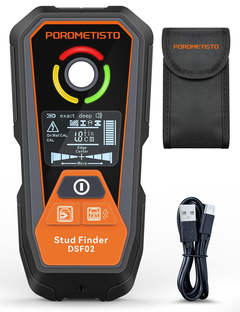 Rechargeable 6 in 1 Stud Finder Wall Scanner POROMETISTO, Positioning Hole for Pipe Wood Studs, Live Wire Detector for Electricians, Ferrous Metals Non-Ferrous Metals, Alarm Wall Detector
