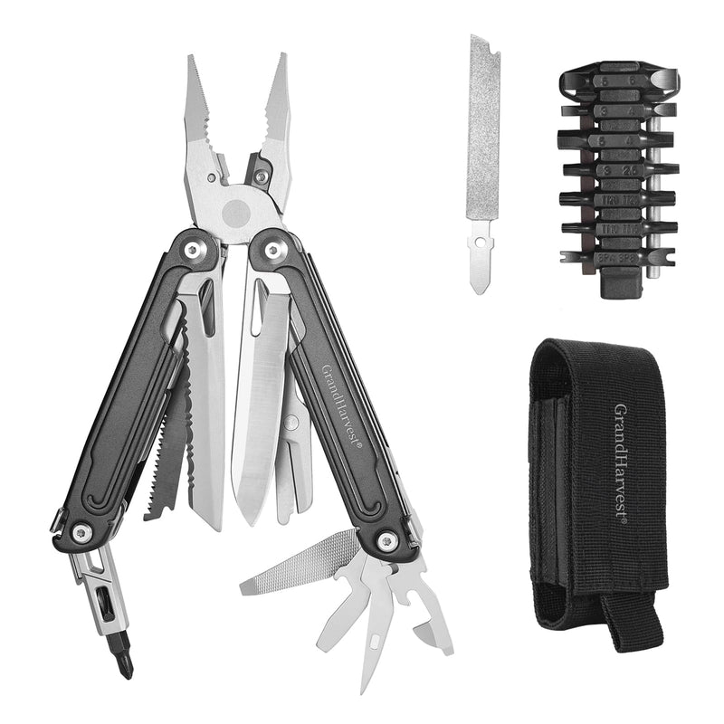 GrandHarvest 17-in-1 Stainless Steel Multi-Tool, self-locking practical multi-tool, equipped with large multi-purpose pliers, folding knife, belt clip, and nylon sheath, men's gift, EDC multi-tool