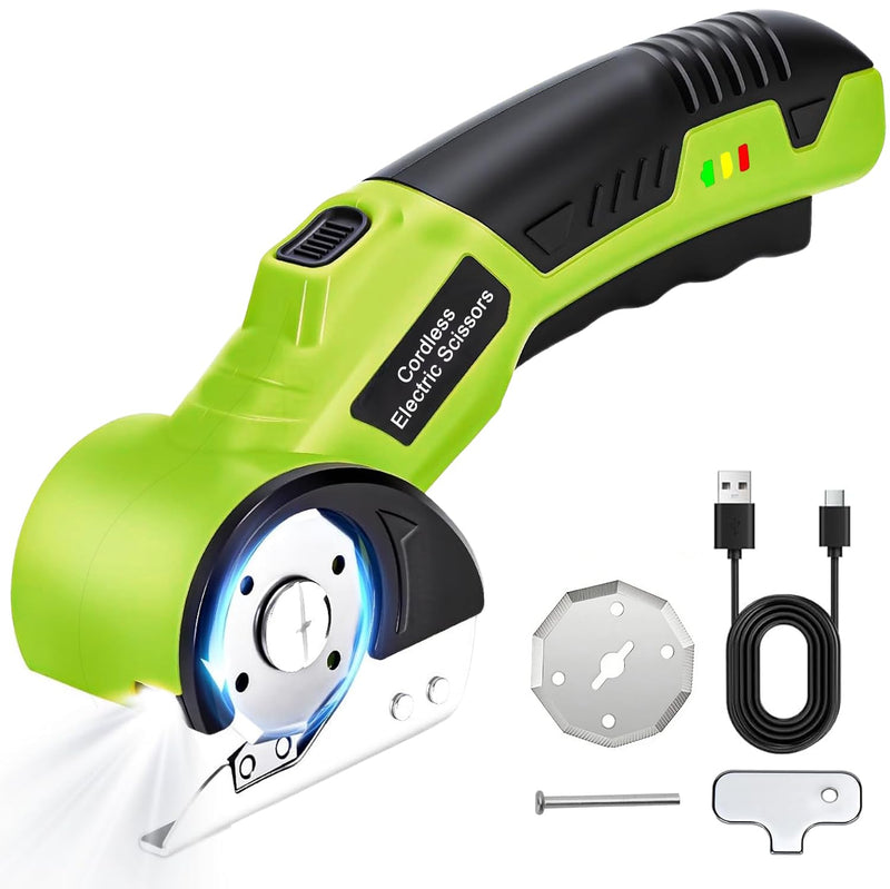 Cordless Electric Scissors, 4V Rechargeable Rotary Cardboard Cutter, 2 Blades, Safety Lock & LED Light, Multipurpose Cutter for Carton, Fabric, Carpet, Plastic, Leather