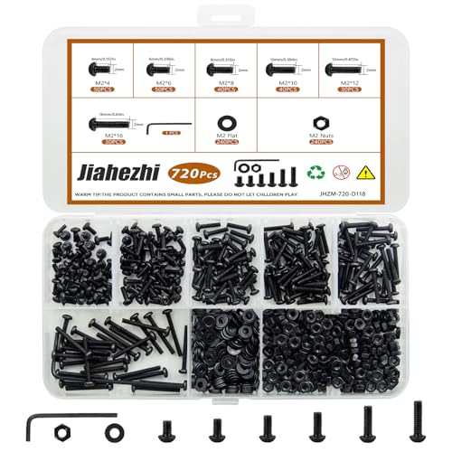 720 Pcs M2 Screws Assortment Kit, M2x4/6/8/10/12/16mm Metric Screws, Black Zinc Plated Steel Fasteners for Home & Workshop M2x4/6/8/10/12/16- 720Pcs