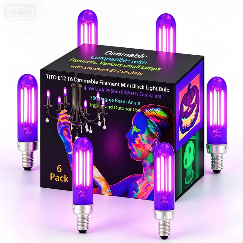 TITO 6 Pack E12 T6 395nm Dimmable Mini Black Light Bulb Halloween & Display | 4.5W Candelabra Bulb 60W Equivalent for Small Fixtures｜360° Full Beam｜Glow Party Fluorescent Paint Decor Uranium Glass Curios