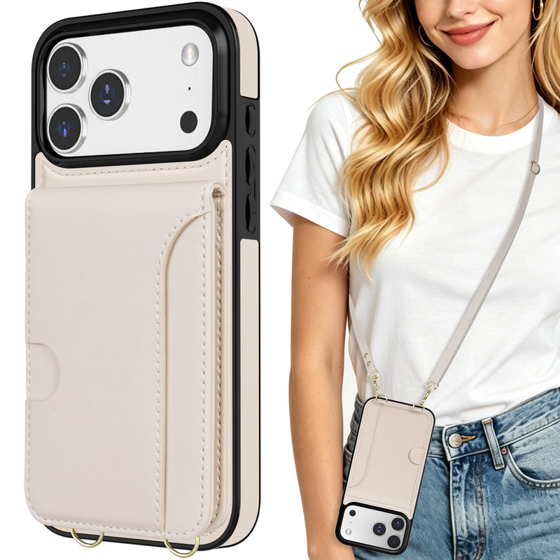 LOHASIC for iPhone 17 Pro Max Wallet Case with Strap, Card Holder, Beige | 4 Card Slots & Cash Slot, Crossbody Strap Removable, Wrist Strap, RFID Blocking, Kickstand, Vegan Leather Phone Case