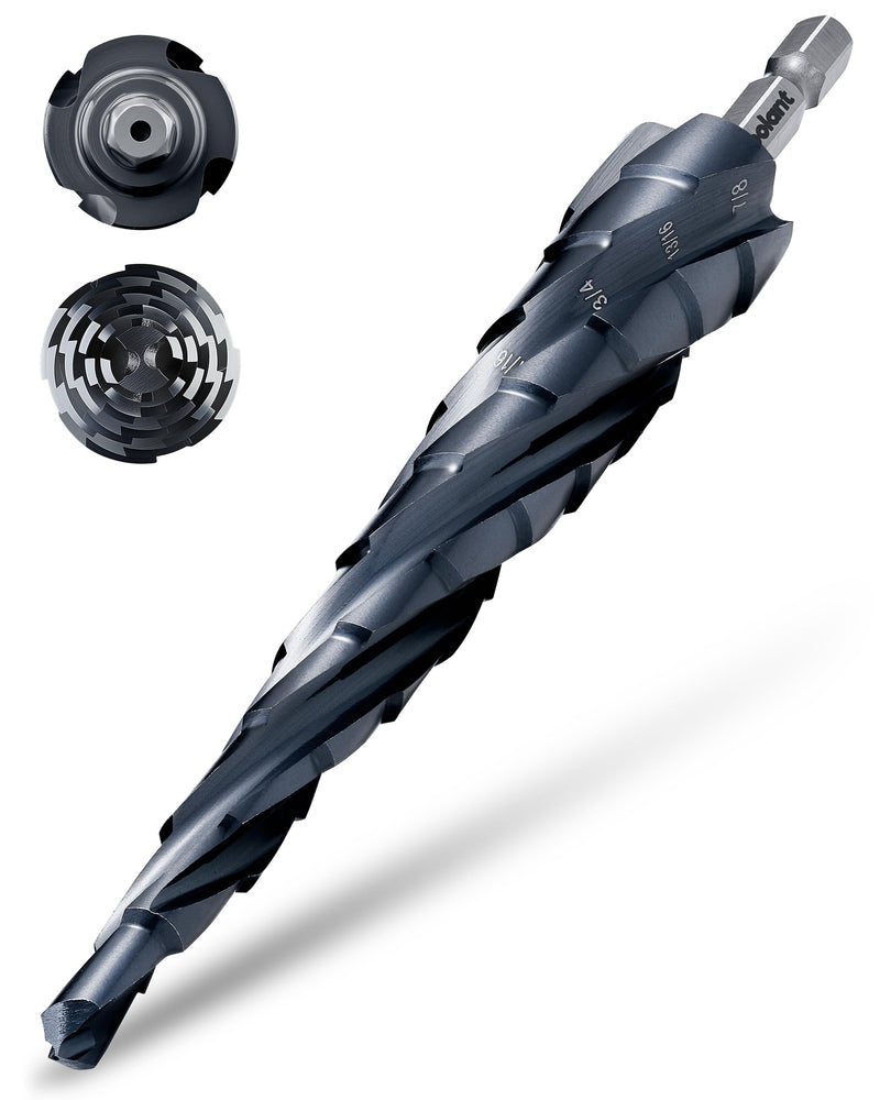 toolant Deep-Hole Four-Spiral Flute Cobalt Step Drill Bit, Extra-High 10mm Steps to Power Through Thick Plates, 1/4"-7/8" Unibit with 1/4" Hex Shank for Metal, Stainless Steel, Wood 1/4"-7/8" Extended 10mm Step