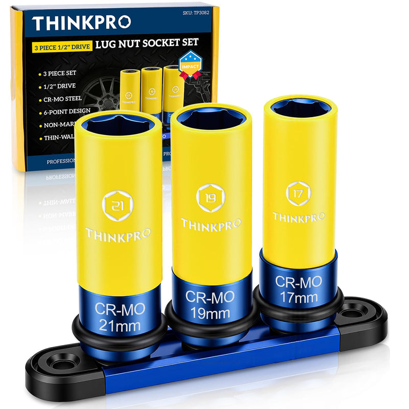 1/2" Drive Lug Nut Socket Set, 17/19/21 mm Wheel Socket | Non Marring, Thin Wall, CR-MO Steel, Hex Lug Nut Removal 3PC
