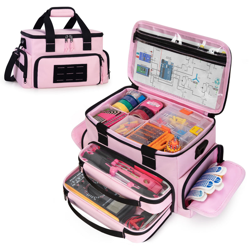 Pink Tool Bag for Women with 2 Clear Pouches, 12-inch Tool Storage Organizer, Double Layer Tool Box for Electrician, Carpenters, Repairman, Pink