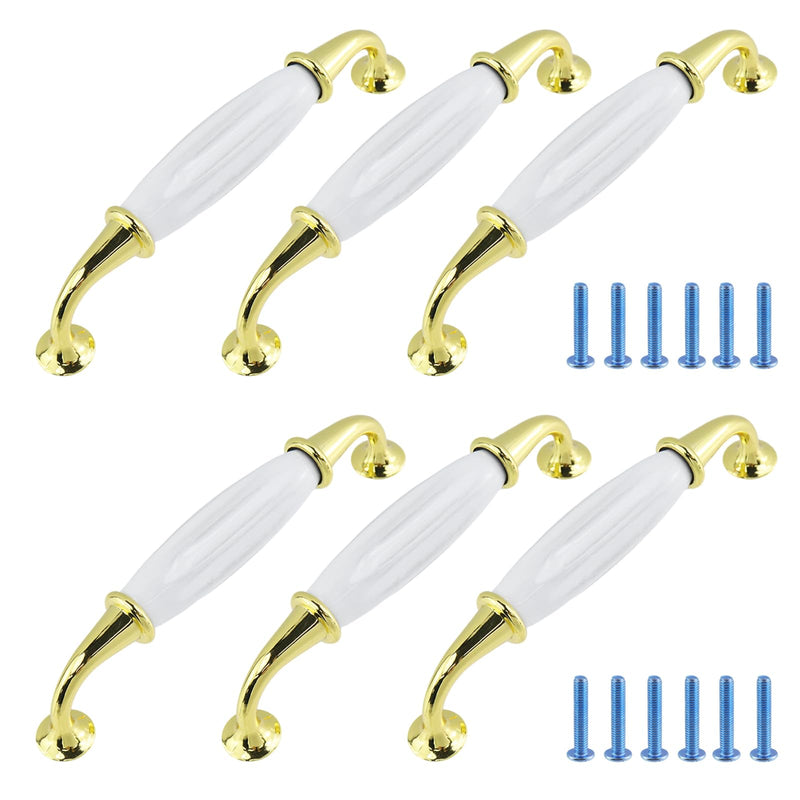 6Pcs Gold/White Ceramic Cabinet Pulls, Antique Bronze Furniture Hardware, 5 Inch(128mm) Hole Center Dresser Drawer Handles for Cottage Kitchen Bathroom Cupboard with Mounting Screws 5.1"/130mm Holes' Spacing Gold & White