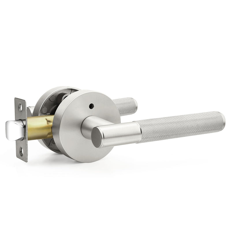 Brushed Nickel Privacy Door Handles, Sliver Interior Door Levers for Bathroom and Bedroom, Knurled Keyless Satin Nickel Door Knob, Reversible for Right & Left Side, 1 Pack Privacy Door Handle