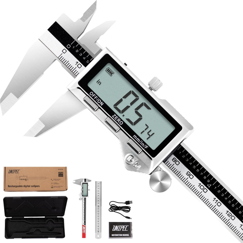 Rechargeable Digital Caliper 6 Inch, Stainless Steel | Large LCD Display, Inch/mm/Fraction Conversion, Electronic Micrometer, Professional Vernier Measuring Tool 0-6"